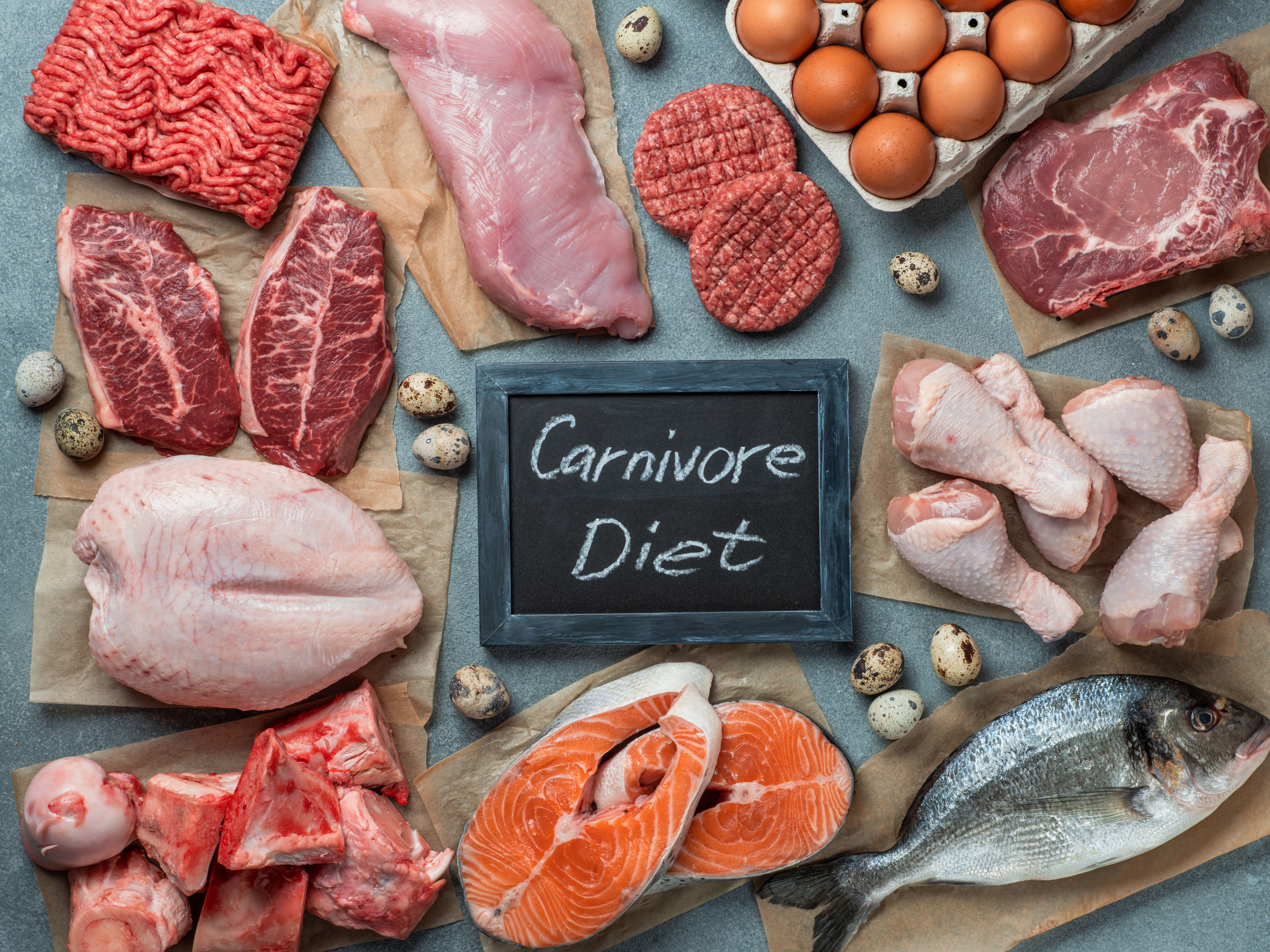 A variety of raw meats arranged around a small chalkboard with the handwritten words “Carnivore Diet” at the center